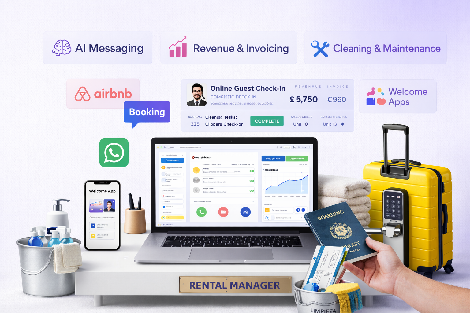 PMSKitPro - Mesa de herramientas para gestión de alquiler vacacional: WhatsApp, IA, Reservas, Limpieza, Welcome App