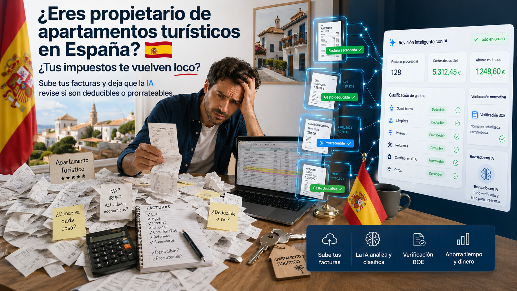 IA fiscal de PMS Kit Pro analizando facturas deducibles para apartamentos turísticos en España