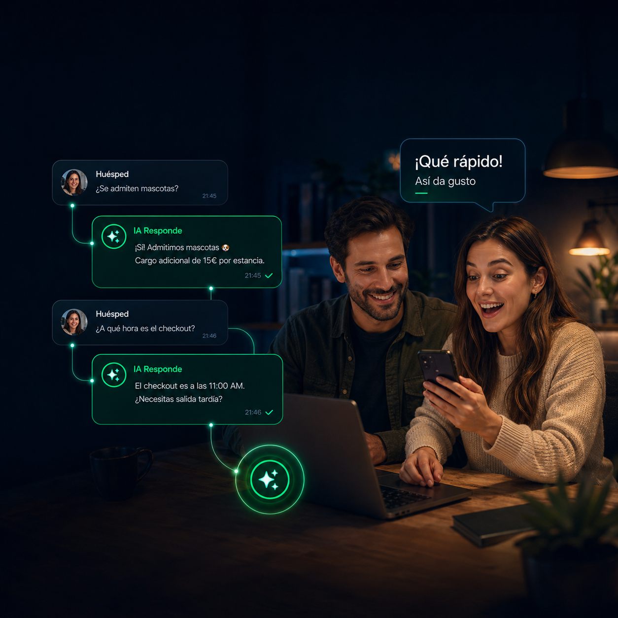 Capa de IA gratuita de PMS Kit Pro respondiendo automáticamente a preguntas frecuentes de huéspedes en apartamentos turísticos: mascotas, checkout, parking