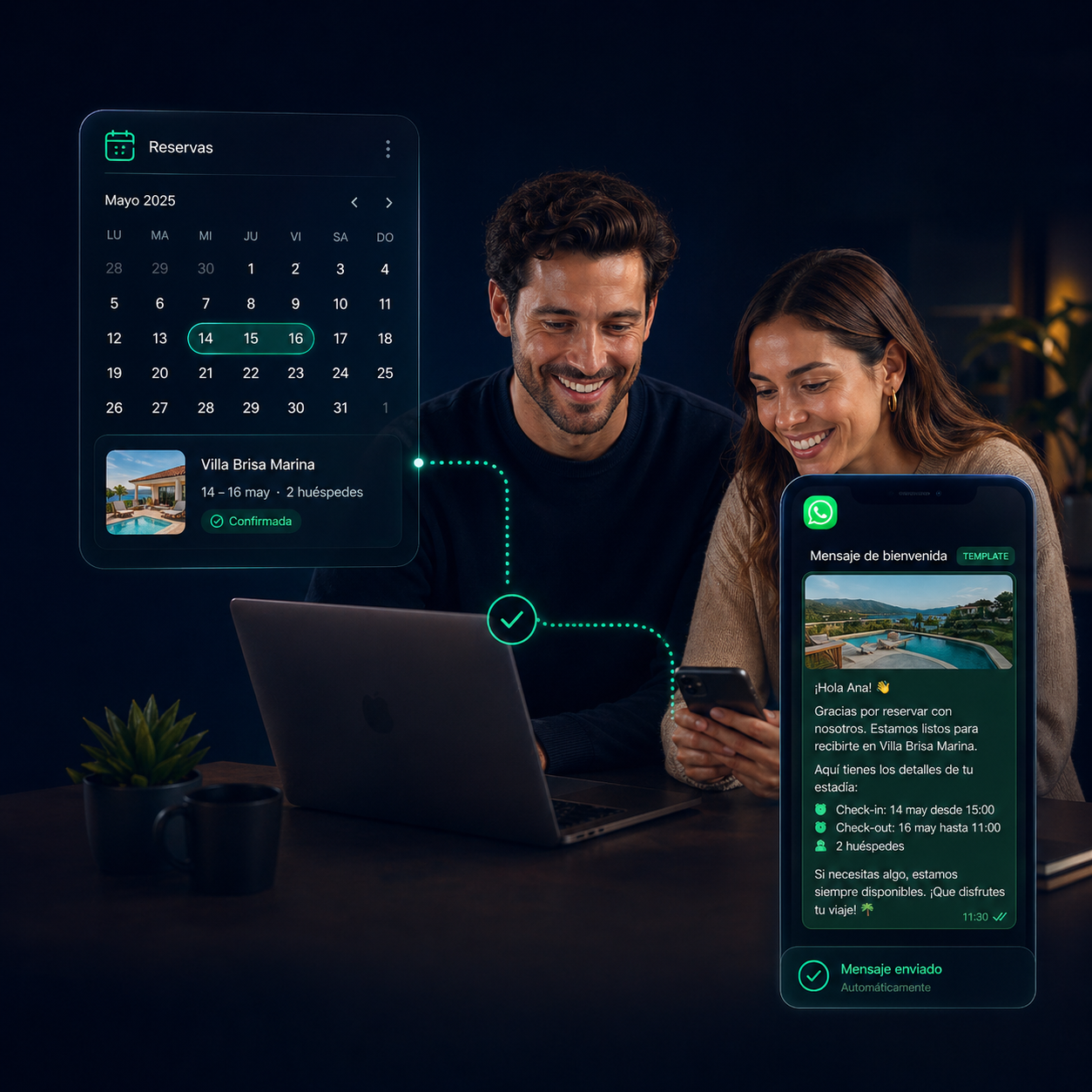 Templates automáticos de WhatsApp en PMS Kit Pro: cuando entra una nueva reserva en el calendario se envía automáticamente el mensaje de bienvenida al huésped
