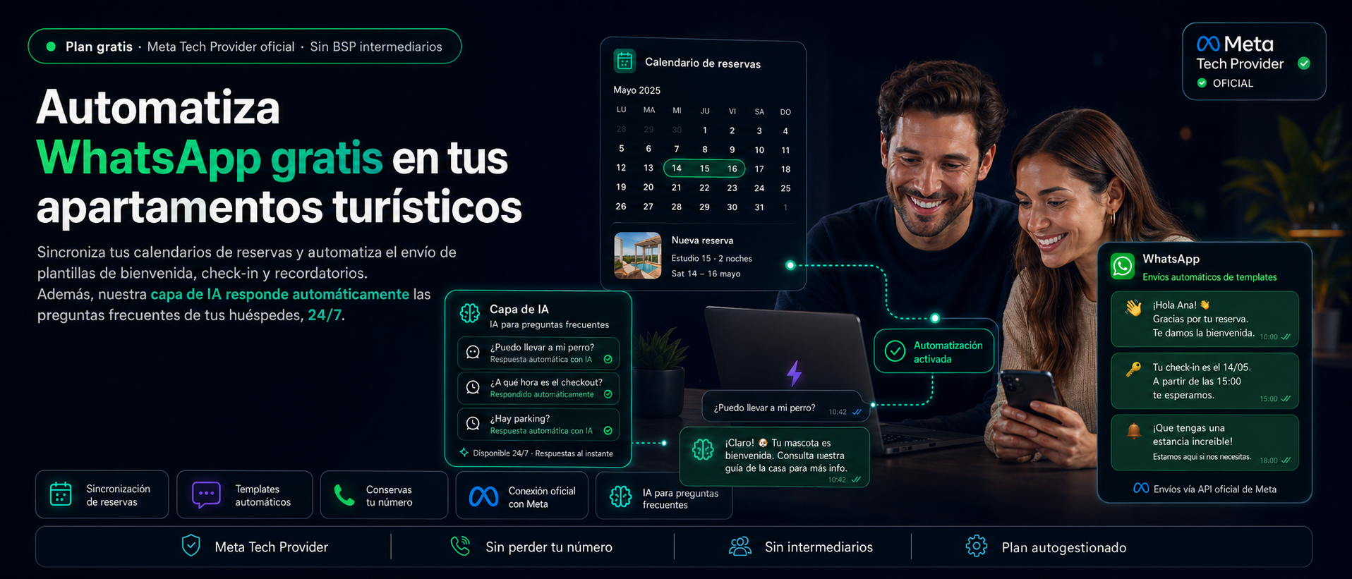 Plan gratis de PMS Kit Pro: automatiza WhatsApp en tus apartamentos turísticos con la API oficial de Meta. Capa de IA gratuita, calendario sincronizado, templates automáticos, conservas tu número.