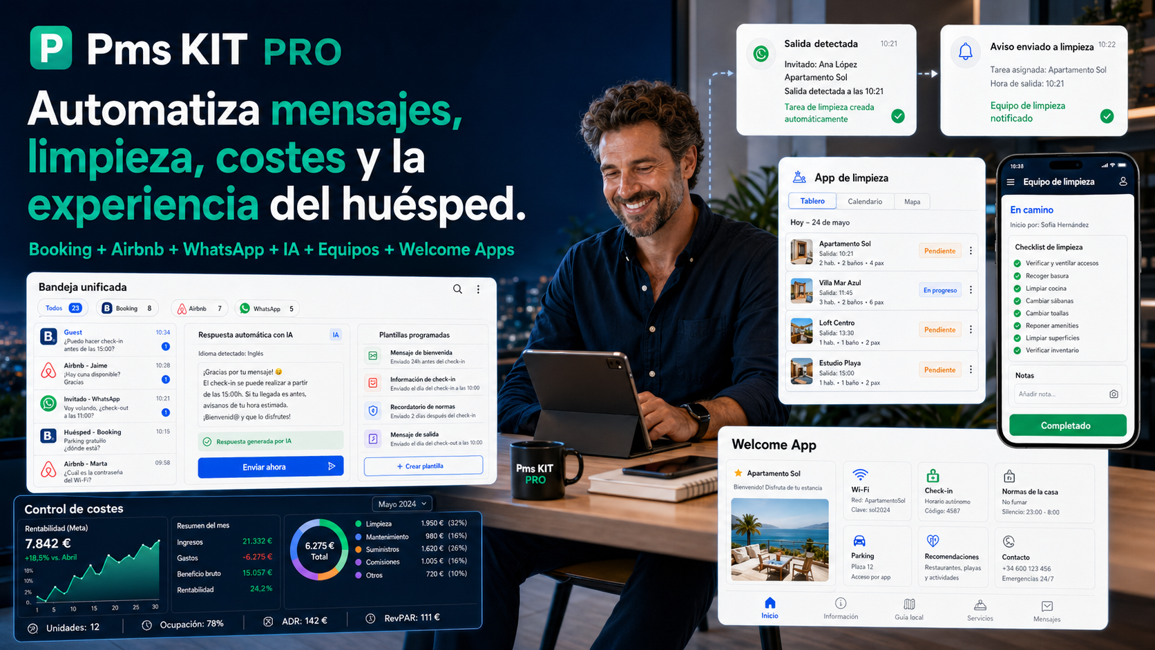 Bandeja unificada de PMS Kit Pro respondiendo automáticamente con IA en Booking, Airbnb y WhatsApp para apartamentos turísticos