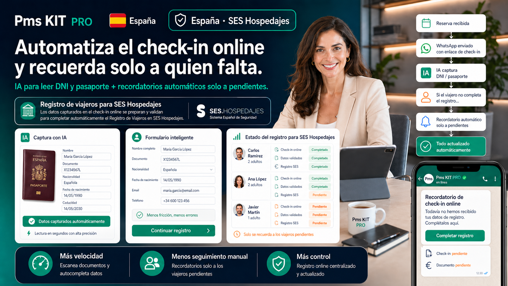 Check-in online con SES Hospedajes en PMS Kit Pro: captura por IA de DNI y pasaporte para viviendas turísticas